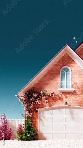 Pink Brick House with White Garage and Blooming Vines at Dusk