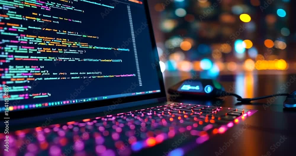 Colorful laptop keyboard illuminated at night coding session