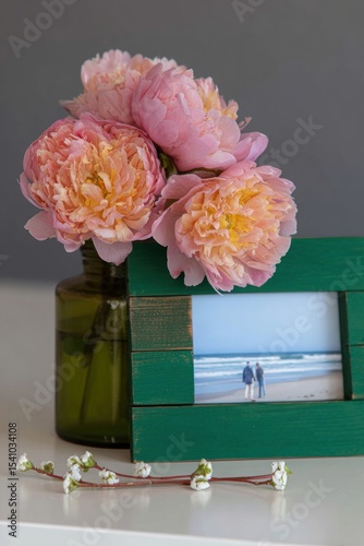 Pink Peonies and a Beach Photograph in Green Frame