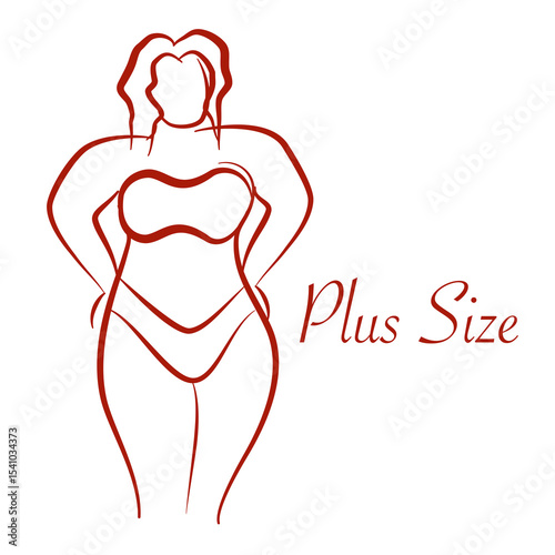 Plus size model woman sketch. Hand drawing style. Fashion logo with overweight. Curvy body icon design. Vector illustration.