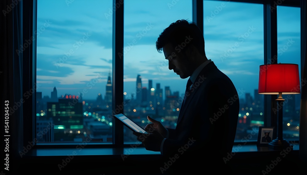 Fototapeta premium Businessman uses tablet at night overlooking a city skyline during twilight hours