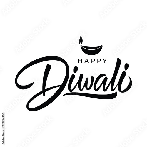 Happy Diwali Calligraphy with Diya on White Background Design