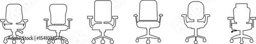 Stylish office chair icon set featuring ergonomic designs in black and outline stroke aesthetics perfect for representing comfortable seating for working at a desk. Piece of furniture for living room,