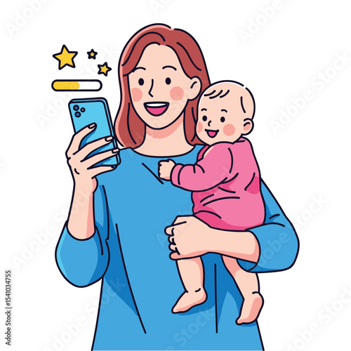Happy Mother with Baby Looking at Phone with Progress Bar and Stars Illustration