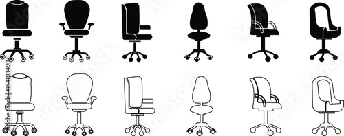 Stylish office chair icon set featuring ergonomic designs in black and outline stroke aesthetics perfect for representing comfortable seating for working at a desk. Piece of furniture for living room,