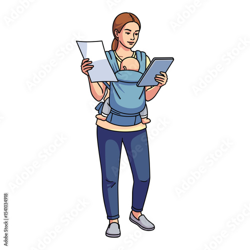 Illustration of a working mother with baby in carrier holding documents and a tablet