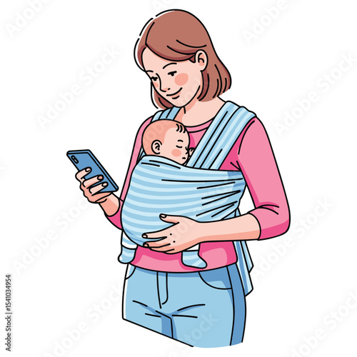 Illustration of a mother holding her baby in a carrier while looking at her phone