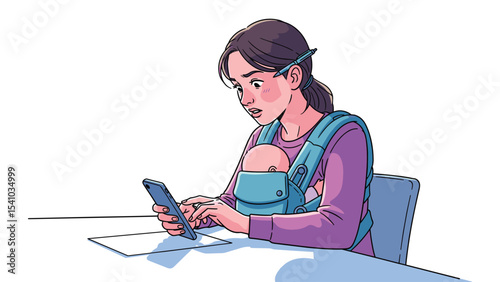 Illustration of a Mother Working on a Phone While Carrying a Baby in a Carrier