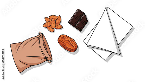 Illustration of nuts, dates, chocolate, and paper on a white background, flat lay