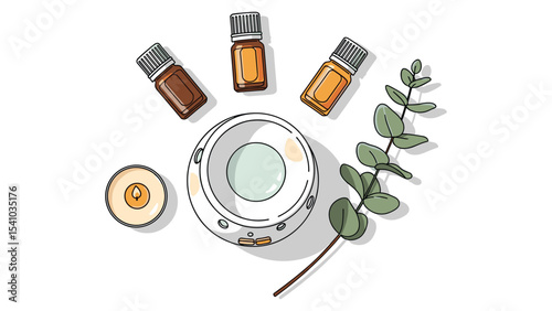 Essential oil diffuser with eucalyptus and candle illustration for wellness and spa