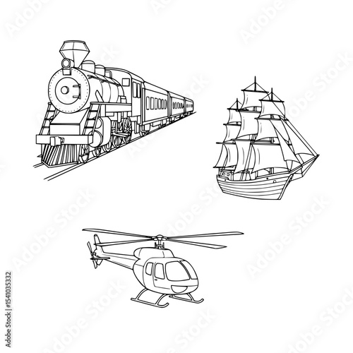 Black and White Line Art Illustration of Transportation Vehicles