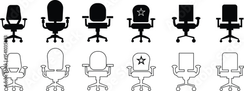 Stylish office chair icon set featuring ergonomic designs in black and outline stroke aesthetics perfect for representing comfortable seating for working at a desk. Piece of furniture for living room,