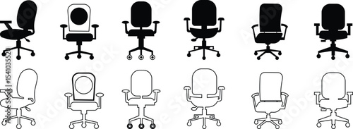 Stylish office chair icon set featuring ergonomic designs in black and outline stroke aesthetics perfect for representing comfortable seating for working at a desk. Piece of furniture for living room,