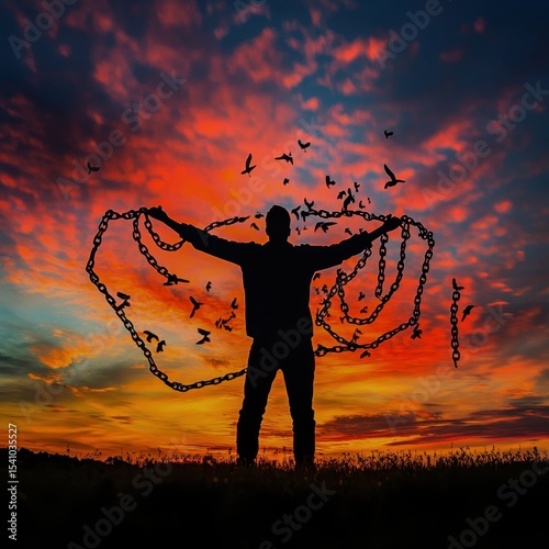 A silhouette shedding chains under a vibrant sky