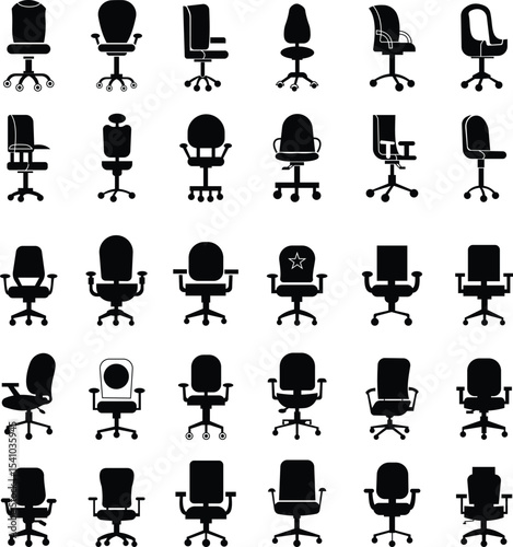 Stylish office chair icon set featuring ergonomic designs in black and outline stroke aesthetics perfect for representing comfortable seating for working at a desk. Piece of furniture for living room,