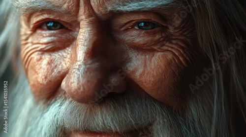 A Close Up Portrait of a Wise Old Man with a Long White Beard and Wrinkled Face, Showing the Passage of Time and Life's Journey