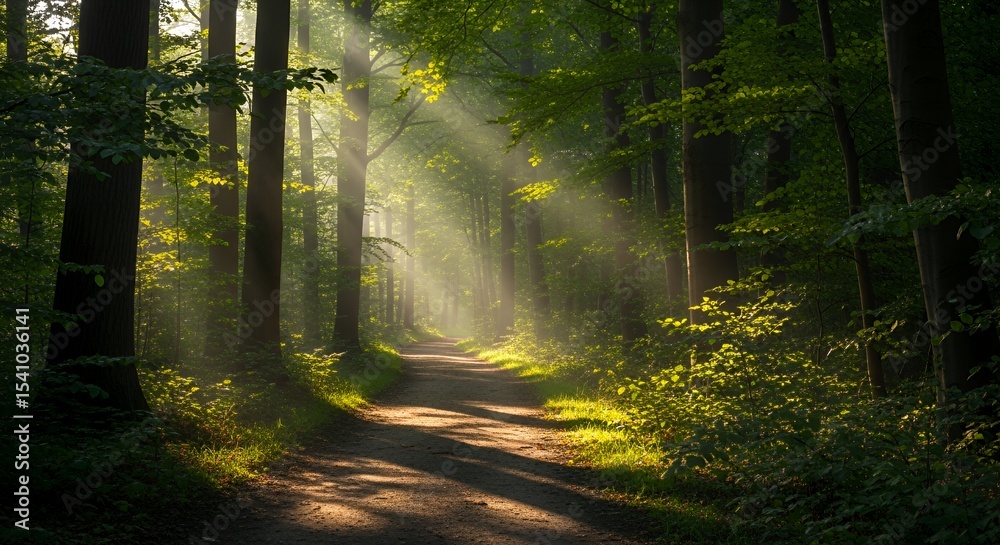 Fototapeta premium Sunbeams filtering through a lush green forest onto a winding path