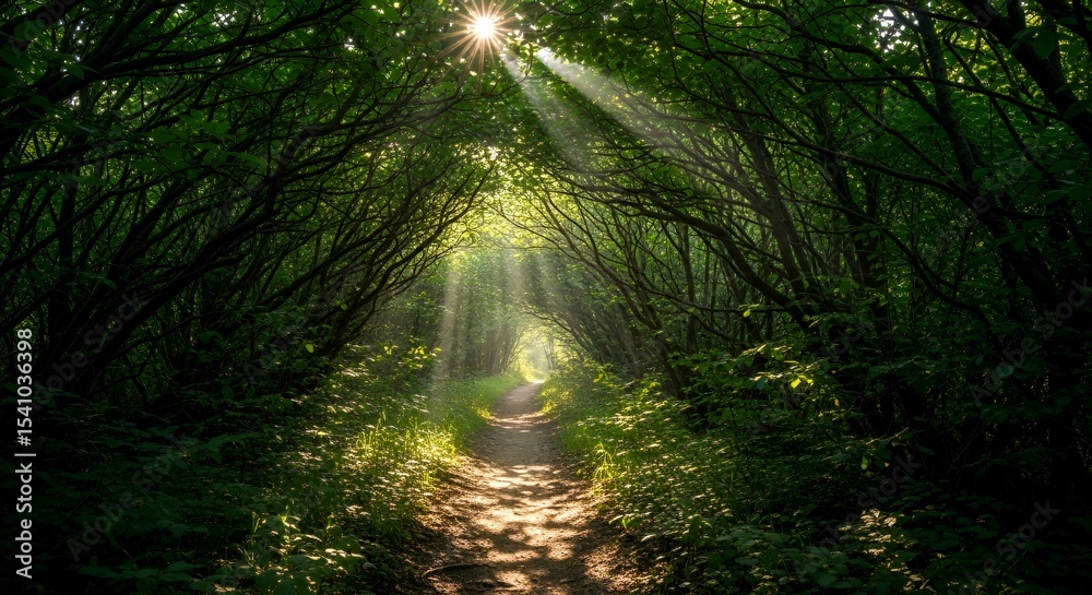 Obraz premium Sunbeams illuminate a forest path creating a tunnel of green foliage