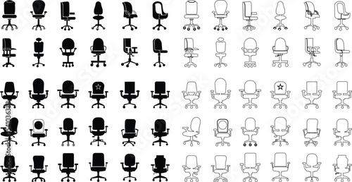 Stylish office chair icon set featuring ergonomic designs in black and outline stroke aesthetics perfect for representing comfortable seating for working at a desk. Piece of furniture for living room,