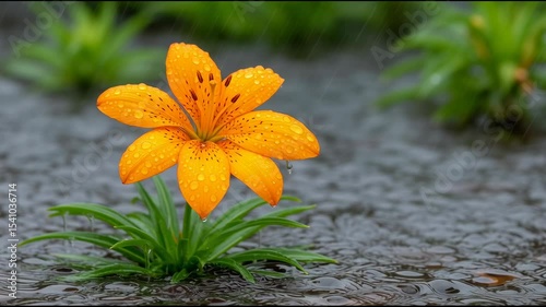 Vibrant orange lily flower with raindrops in a garden