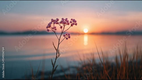 Delicate pink flower at sunset over a calm lake