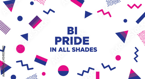 BI PRIDE IN ALL SHADES. Bisexual pride celebration concept with abstract geometric pattern background in pink, purple, and blue colors.