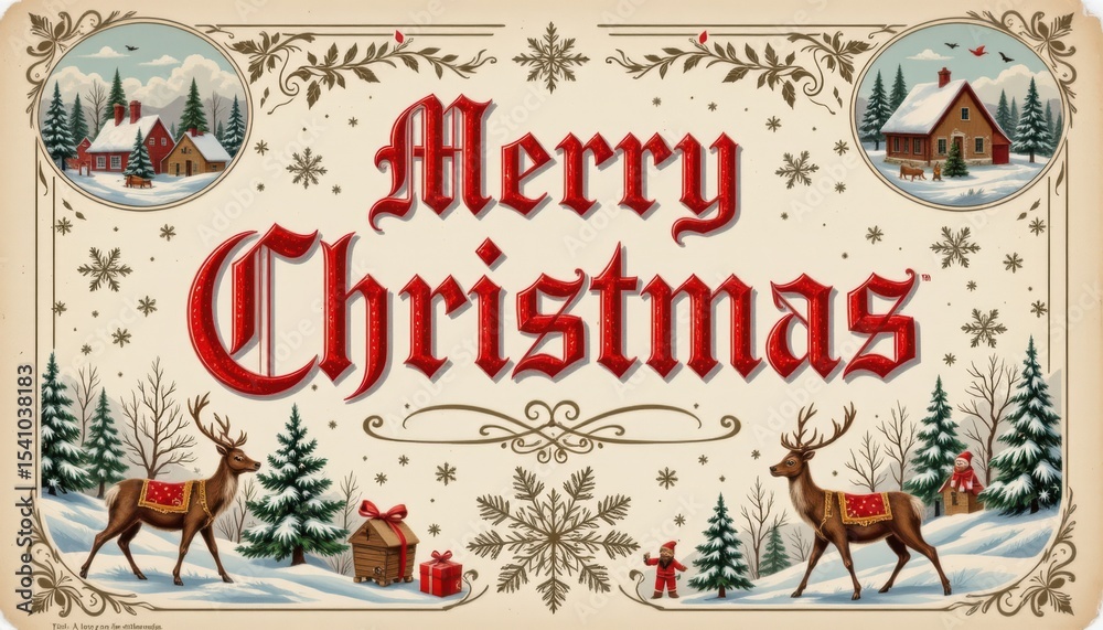 Obraz premium this is an illustrated image featuring a vintage style christmas card design. at the center of the image, there's a sign with ornate borders that reads 