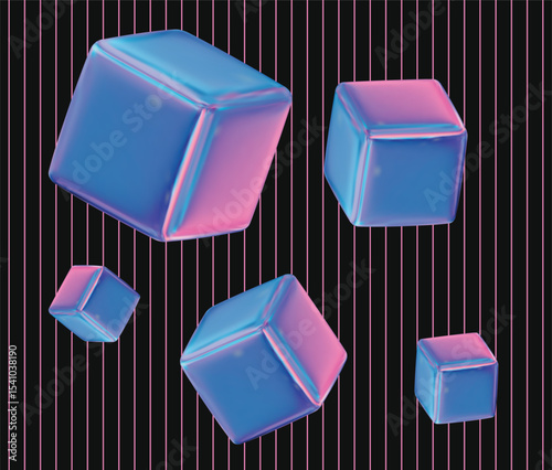 A dynamic abstract background featuring multiple glossy, iridescent cubes in blue and pink tones, floating against a dark backdrop with thin, vertical pink lines