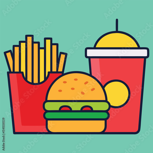 Vibrant Coloring Book Juicy Burger Crispy Fries and Refreshing Soft Drinks A Tasty Delight, Junk food icons 