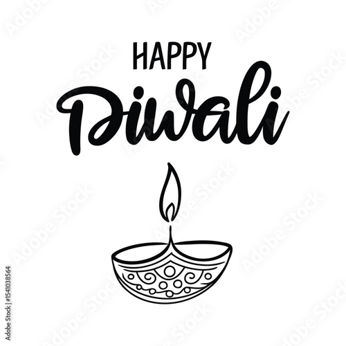 Happy Diwali Ornate Diya Black and White Minimalist Clip Art