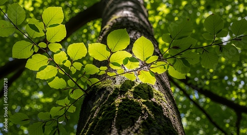 Sunlight filtering through vibrant green leaves on a mossy tree trunk photo