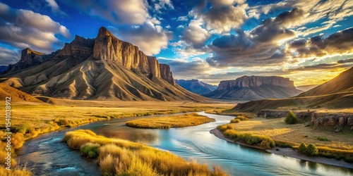 Serene River Winding Through a Golden Valley at Sunset, Majestic Cliffs Rising in the Distance, a Breathtaking Natural Landscape
