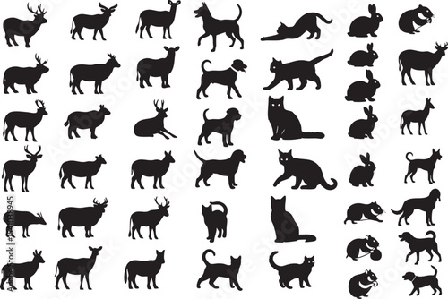 Diverse Wild, Domestic Animal, and Land Animal Silhouette Vector Set.