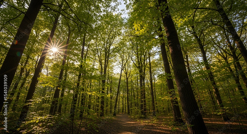 Obraz premium Sunlight Streaming Through Lush Green Forest Canopy in Springtime