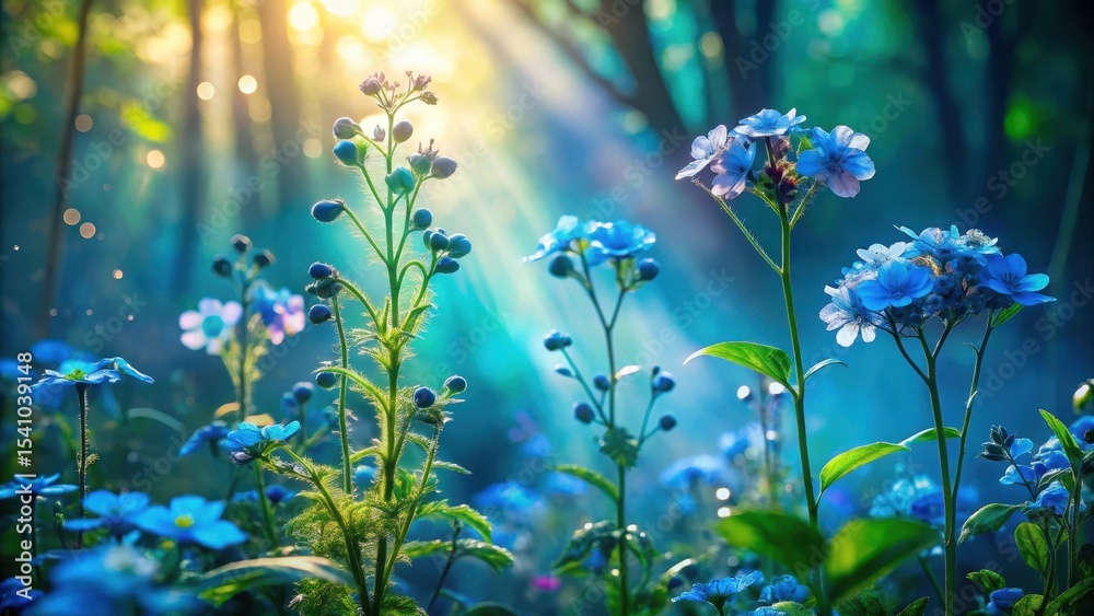 Fototapeta premium Enchanted Forest Sunbeams Illuminate a Field of Vibrant Blue Flowers at Dawn