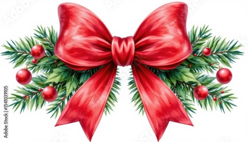 a festive scene centered around a christmas wreath adorned with red ribbon and bow. two large bows flank the wreath, their glossy sheen reflecting light