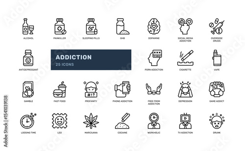 Addiction Outline Icon Set with Substance Abuse and Mental Health