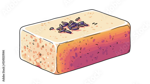 Illustration of a delicious gourmet food, block with topping, isolated on white
