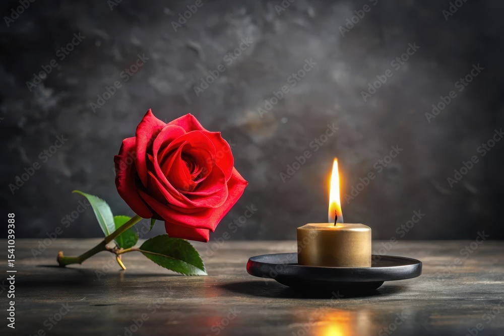 Fototapeta premium A single red rose and a burning candle on a dark surface, symbolizing remembrance and quiet reflection