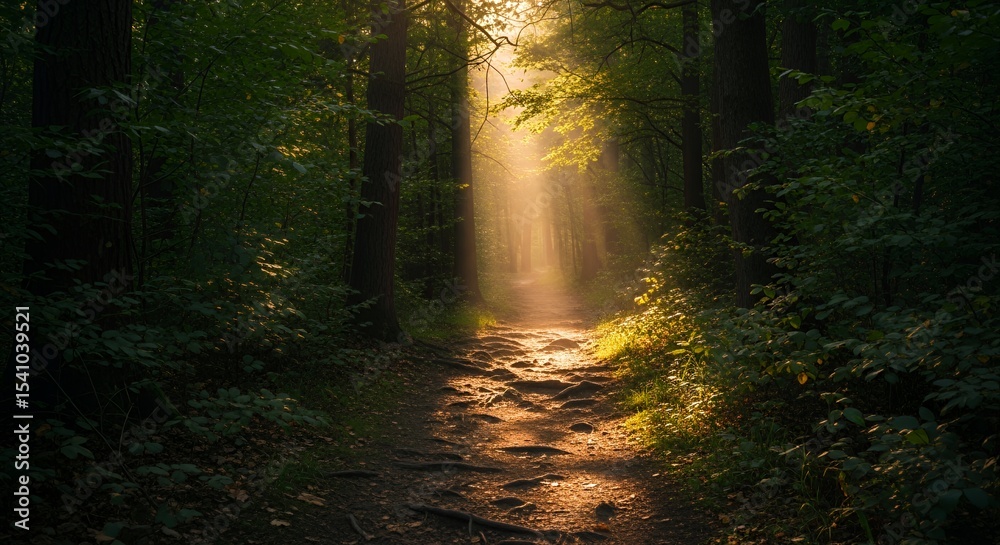 Obraz premium Sunlit Path Through a Dense Forest with Golden Rays of Light