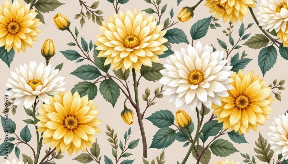 a seamless pattern featuring a floral motif with yellow flowers and green foliage, reminiscent of daisies. a seamless pattern featuring a floral motif with yellow flowers and green foliage, reminiscent of daisies.