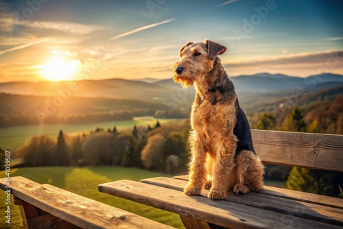 Airedale Terrier sits patiently on a rustic wooden bench overlooking a picturesque sunset landscape, basking in the golden hour light