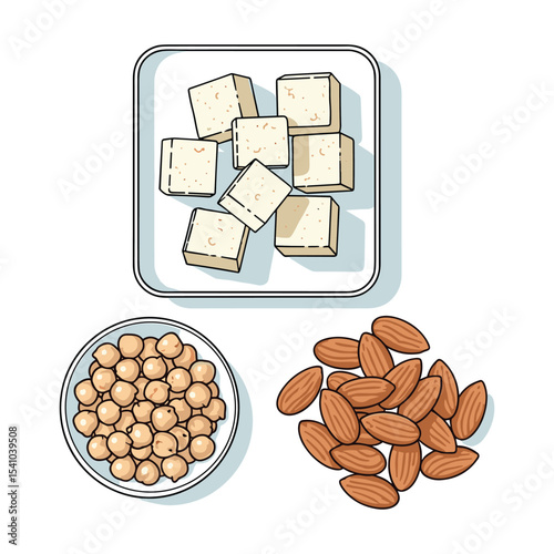 Healthy Vegan Food: Tofu Cubes, Chickpeas, and Almonds, perfect for a balanced diet
