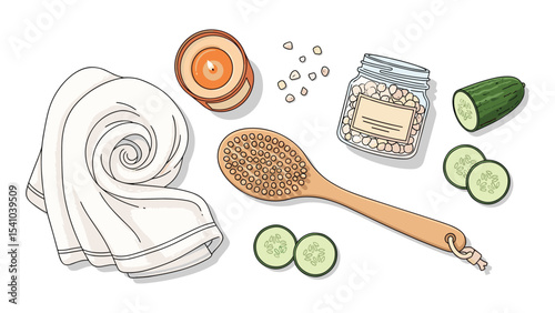 Spa and wellness illustration with towels, cucumber, candle, massage brush and ingredients