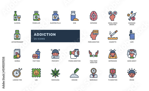 Addiction Icon Set with Substance and Behavior Symbols