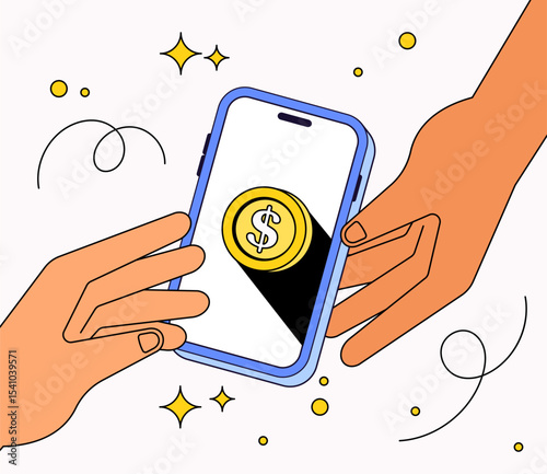 Two hands holding a smart phone with a gold coin symbol and dollar sign on the screen in cartoon illustration for mobile banking, financial technology, or peer-to-peer money transfers