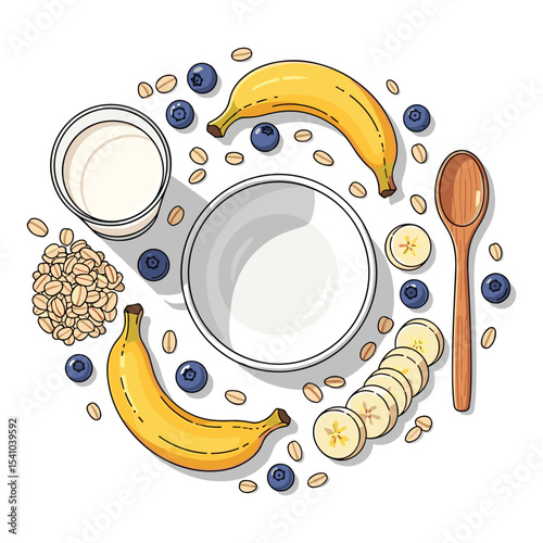 Healthy Oatmeal Breakfast Ingredients Illustration with Banana, Blueberries, and Milk, Top View