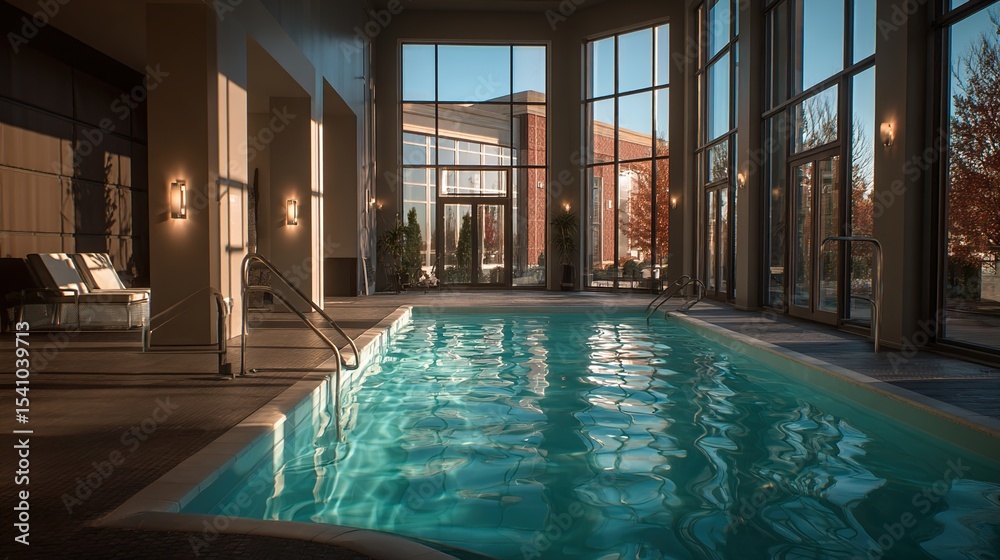 Fototapeta premium Sunlit indoor swimming pool with large windows, blurred background and lounge chairs