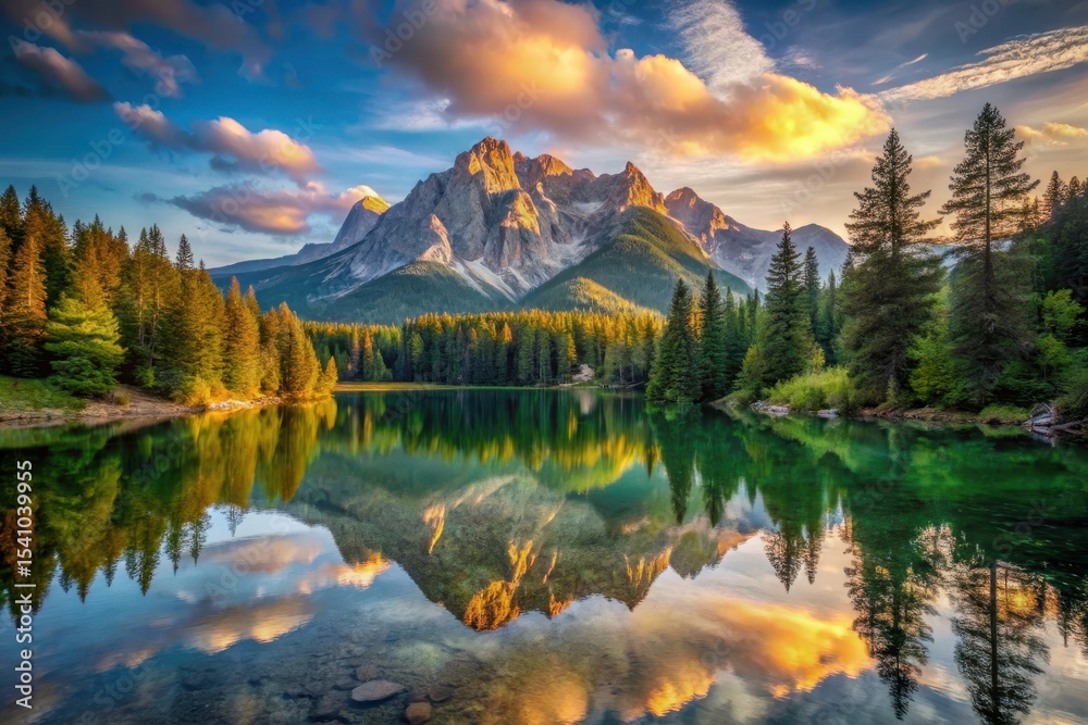 Obraz premium Serene Mountain Lake Reflecting a Golden Sunrise Over Majestic Peaks and Verdant Coniferous Forest