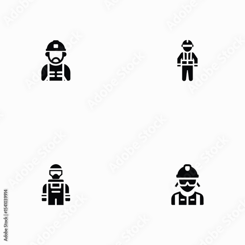 Four worker icons in a row. Simple black and white icons of four workers wearing hard hats and safety glasses.